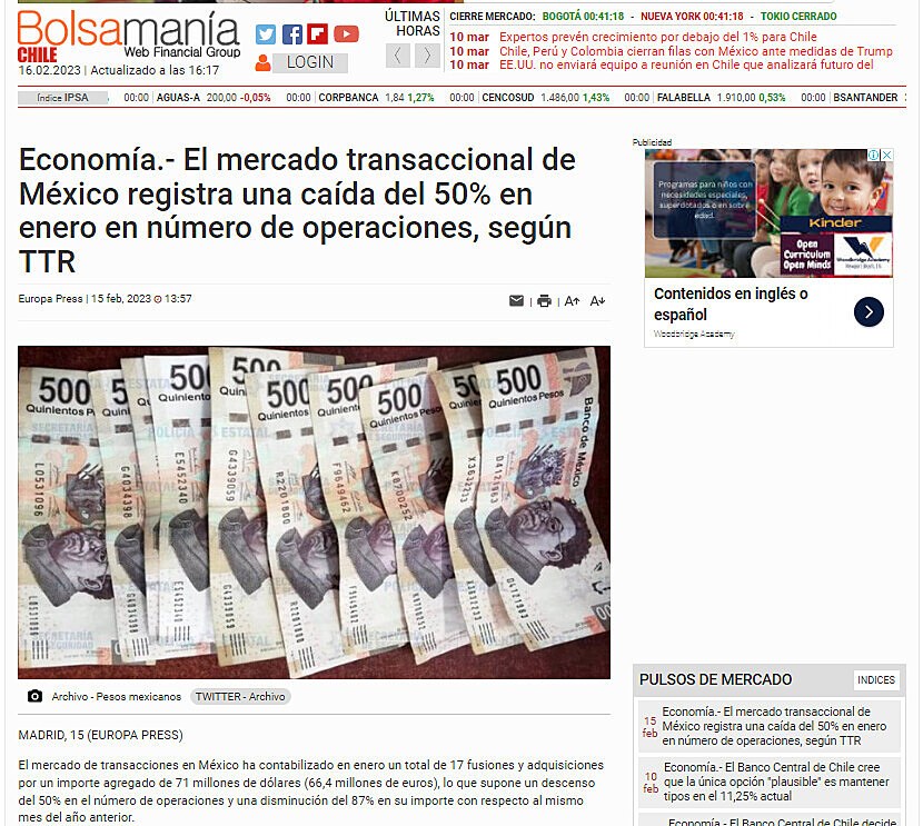 Economa.- El mercado transaccional de Mxico registra una cada del 50% en enero en nmero de operaciones, segn TTR